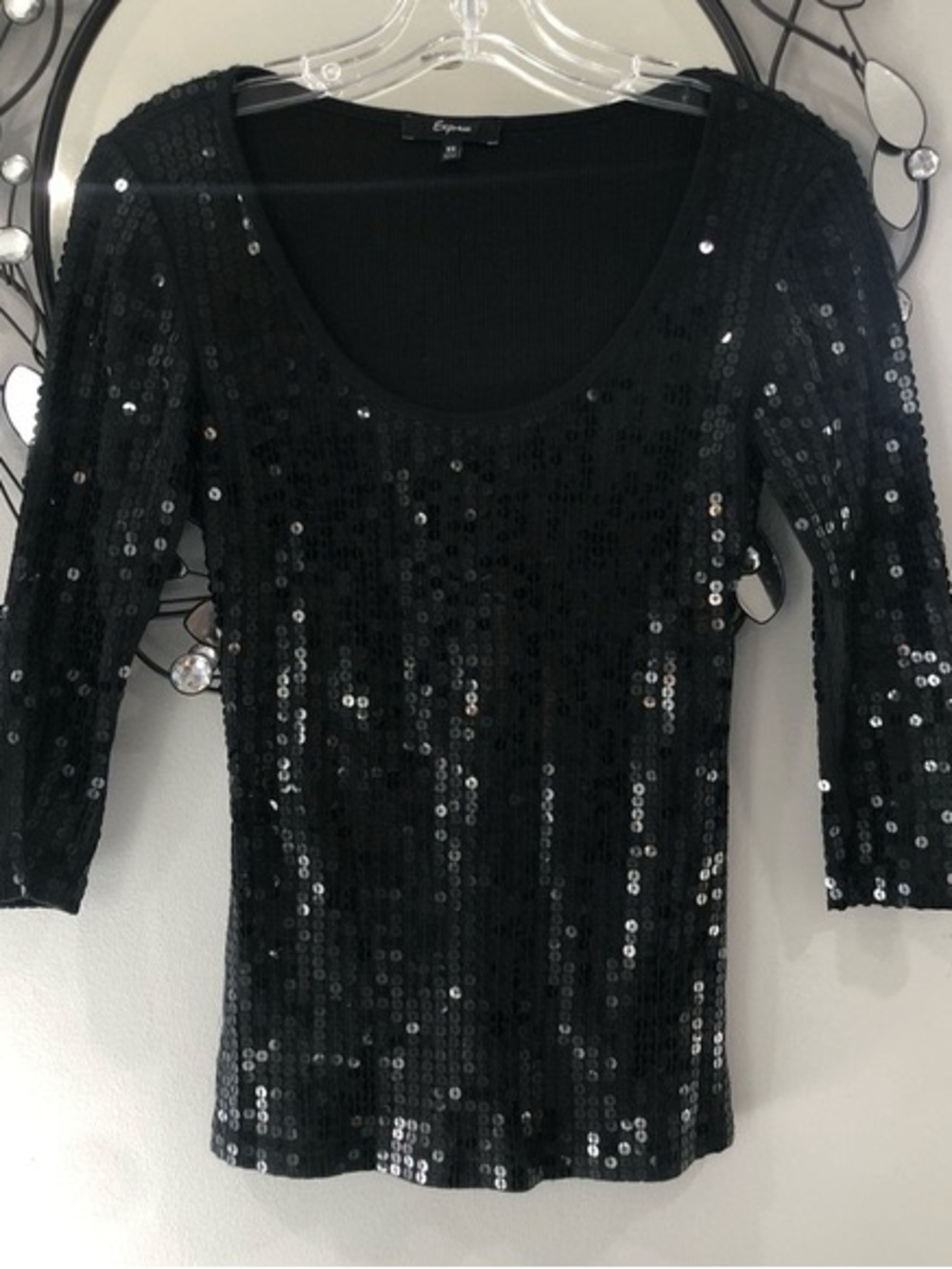 Express Black Sequin Scoop Neck Long Sleeve Top